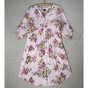 Torrid Sheer Tunic Top Women’s Size L Pink Floral Chiffon‎ Roll Tab Asymmetrical